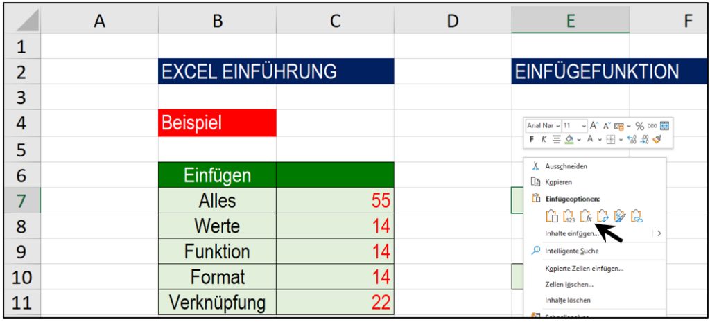 ></noscript></p>
<p><strong>ALLES</strong>: Sie kopieren den Inhalt und die Formatierung 1 zu 1 in Ihre gewünschte Zelle</p>
<p><strong>WERTE</strong>: Es werden nur die Inhalte, also keine Formatierung und aus einer Formel wird eine Zahl eingefügt.</p>
<p><strong>FUNKTION</strong>: Die Formel bzw. Funktion wird ohne Formatierung eingefügt.</p>
<p><strong>FORMAT</strong>: Damit werden nur die Formatierungen eingefügt.</p>
<p><strong>VERKNÜPFUNG</strong>: Es wird eine Verknüpfung eingefügt. Das bedeutet, wenn sich in der originalen Zelle etwas verändert, dann verändert sich der Inhalt auch in der eingefügten Zelle ohne Formatierung.</p>
		</div>
				</div>
					</div>
		</div>
							</div>
		</section>
					</div>
		</div>
							</div>
		</section>
				<section class=